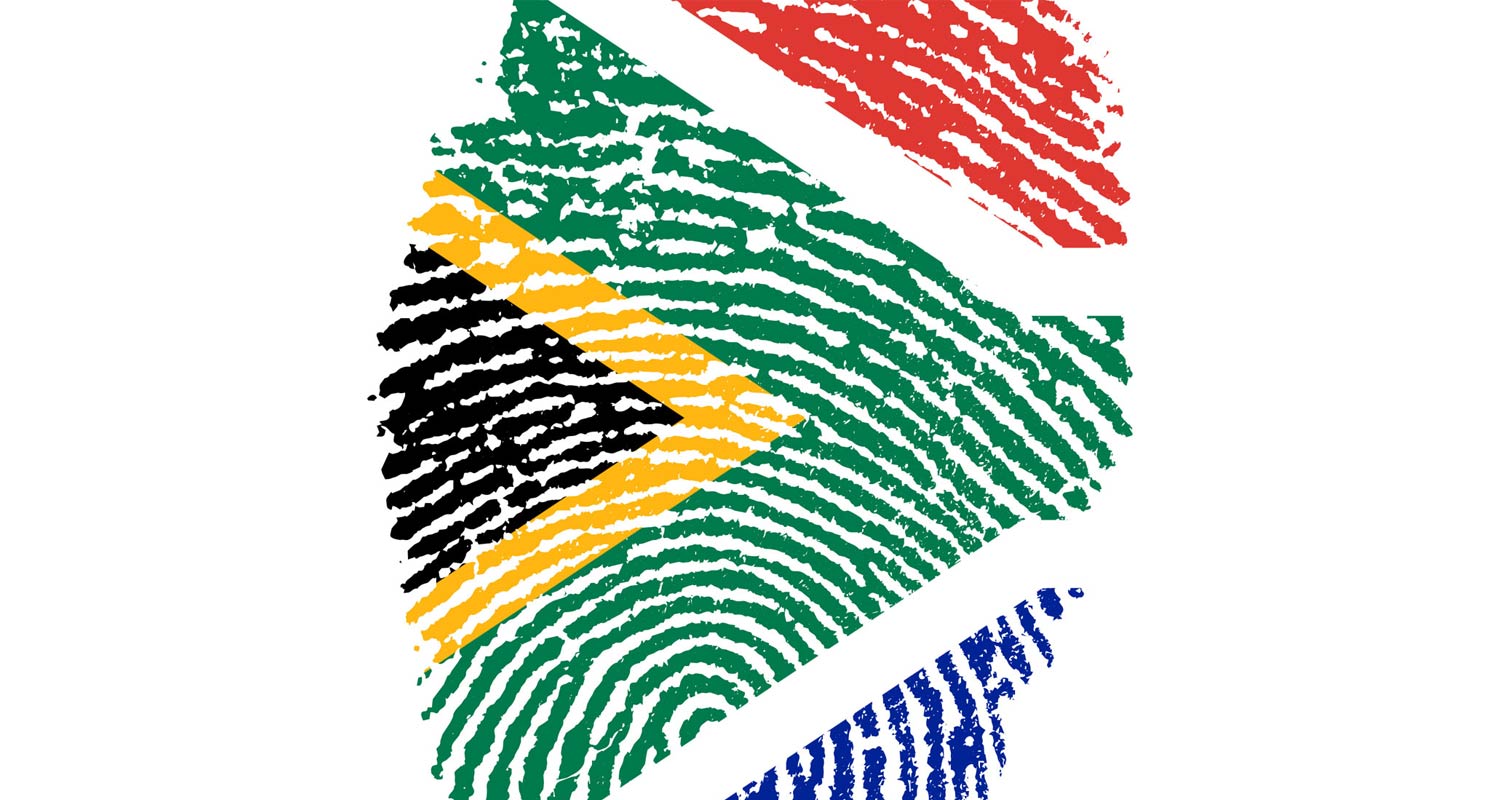 South African flag with fingerprint texture representing digital identity